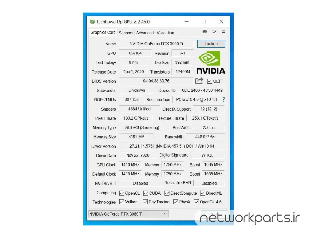 کارت گرافیکی اچ پی (HP) مدل NVIDIA-RTX-3060TI پردازنده گرافیکی RTX3060Ti حافظه 8 گیگابایت نوع GDDR6