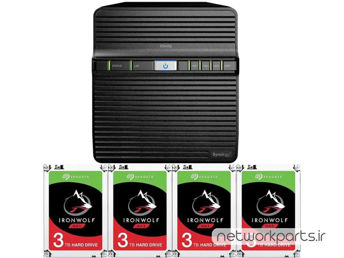 ذخیره ساز تحت شبکه (NAS) سینولوژی (Synology) مدل DS420J دارای 12TB (4x 3TB) هارد درایو و 1GB حافظه رم