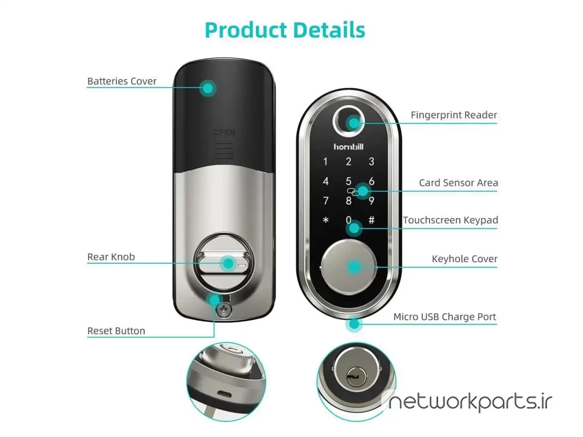 قفل هوشمند هورنبیل (Hornbill) مدل Fingerprint Deadbolt Lock with Touchscreen Keypad