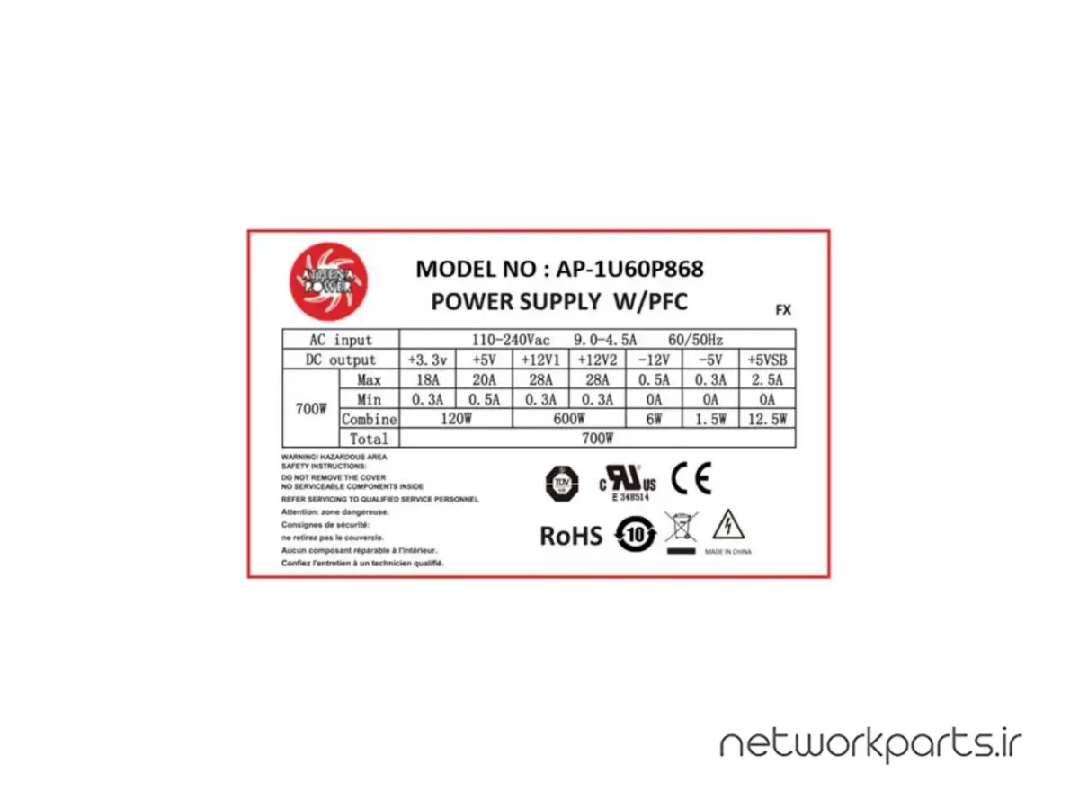 Athena Power AP-1U60P868 600W 1U single power supply certified to UL/TUV 62368-1 Safety compliance OEM/ODM available