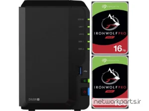 ذخیره ساز تحت شبکه (NAS) سینولوژی (Synology) مدل DS220+ دارای 32TB (2x 16TB) هارد درایو و 2GB حافظه رم