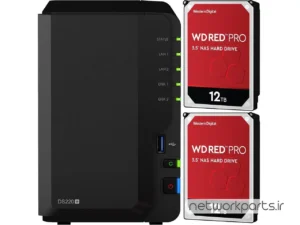 ذخیره ساز تحت شبکه (NAS) سینولوژی (Synology) مدل DS220+ دارای 24TB (2x 12TB) هارد درایو و 2GB حافظه رم