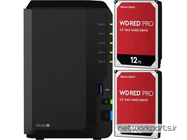 ذخیره ساز تحت شبکه (NAS) سینولوژی (Synology) مدل DS220+ دارای 24TB (2x 12TB) هارد درایو و 2GB حافظه رم