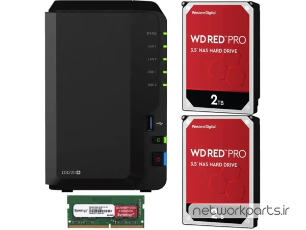 ذخیره ساز تحت شبکه (NAS) سینولوژی (Synology) مدل DS220+ دارای 4TB (2x 2TB) هارد درایو و 6GB حافظه رم