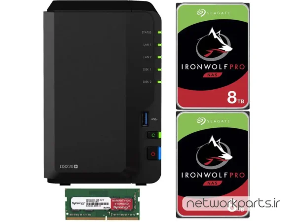 ذخیره ساز تحت شبکه (NAS) سینولوژی (Synology) مدل DS220+ دارای 16TB (2x 8TB) هارد درایو و 6GB حافظه رم