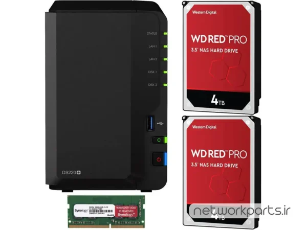 ذخیره ساز تحت شبکه (NAS) سینولوژی (Synology) مدل DS220+ دارای 8TB (2x 4TB) هارد درایو و 6GB حافظه رم