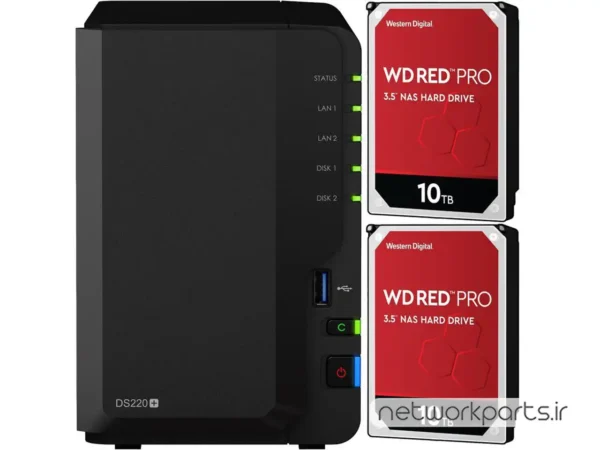 ذخیره ساز تحت شبکه (NAS) سینولوژی (Synology) مدل DS220+ دارای 20TB (2x 10TB) هارد درایو و 2GB حافظه رم