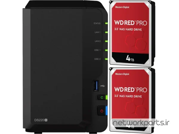 ذخیره ساز تحت شبکه (NAS) سینولوژی (Synology) مدل DS220+ دارای 8TB (2x 4TB) هارد درایو و 2GB حافظه رم