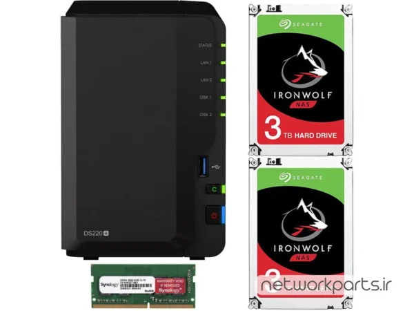 ذخیره ساز تحت شبکه (NAS) سینولوژی (Synology) مدل DS220+ دارای 6TB (2x 3TB) هارد درایو و 6GB حافظه رم